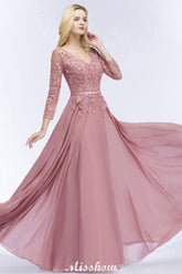 A-line Chiffon Floor-Length Bridesmaid Dress Appliques V-Neck Long-Sleeves Evening Dress